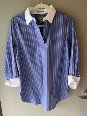 Chico's Blue Pinstripe Popover with White Collar